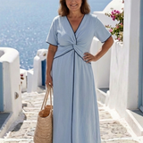 Eirene | V Neck Short Sleeve Twist Front Midi Dress