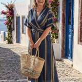 Saphira | V Neck Short Sleeve Striped Wrap Midi Dress