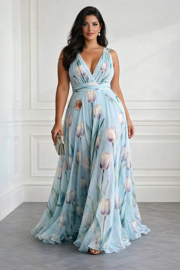 Nerea - Elegant Tulip Print V-neck Maxi Dress