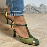 Taviana - Patchwork Pumps with T-Strap and Closed Toe